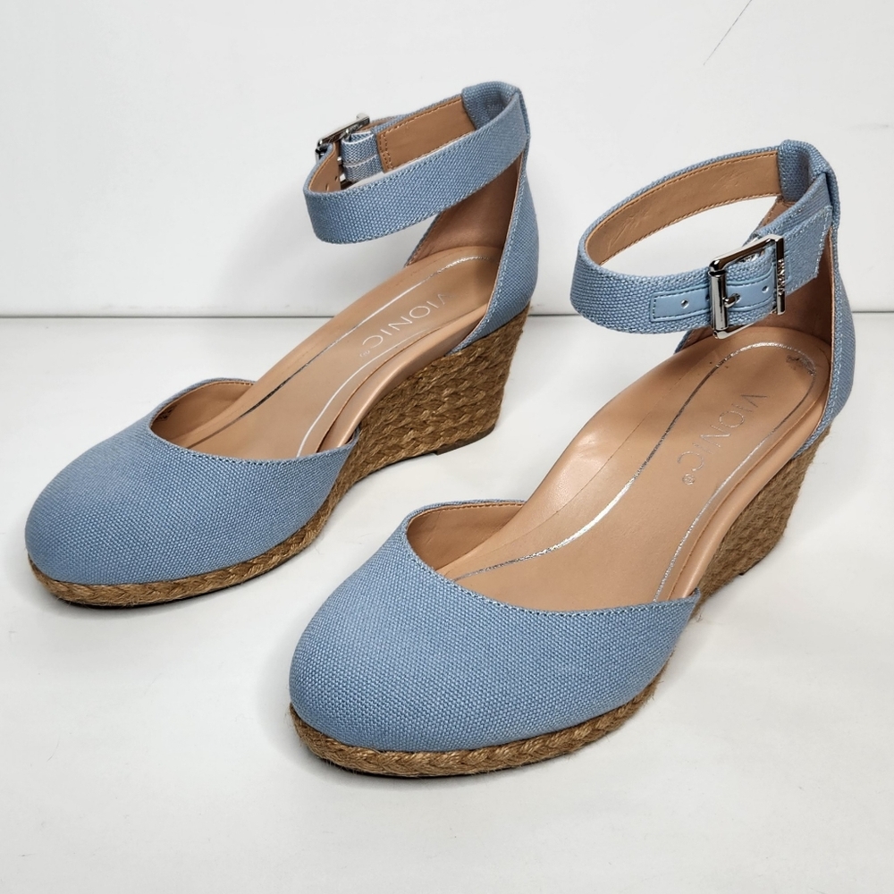 VIONIC Amy Sky Espadrille Wedge Sandals Womens Size 6 WIDE Blue Canvas